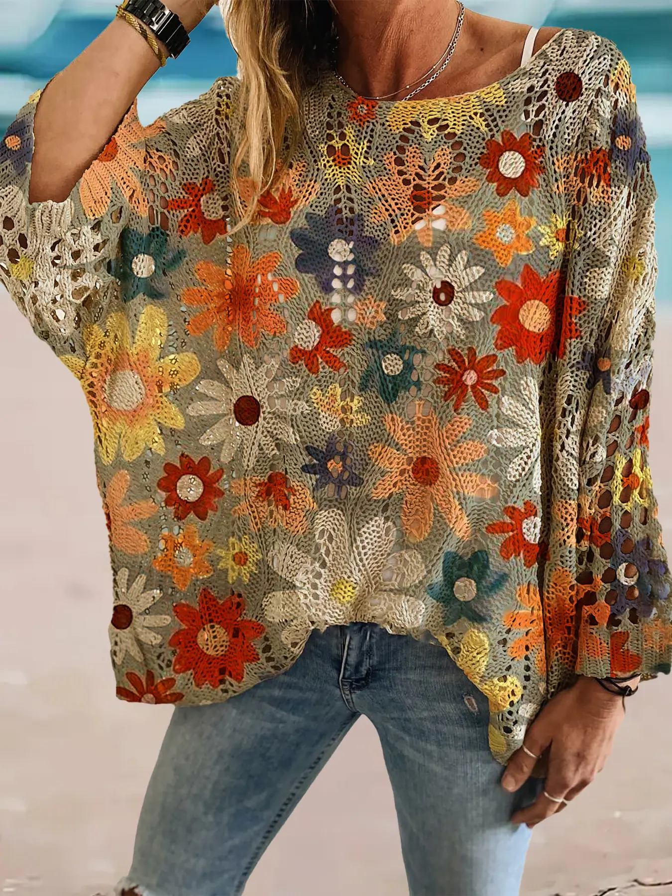 Spring and summer round neck diamond hollow batwing sleeve top, bohemian style with floral print, casual layered cardigan for beach vacation Womenswear Casual Boho Fashion