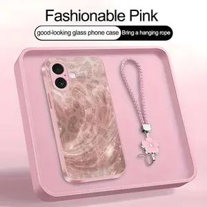Luxury Pink Glitter Leopard Smartphone Casing, Rose Gold Swirl Aesthetic Glass Protector with Lanyard for iPhone 17 -975, Mobile Phone Accessories for Cellphone