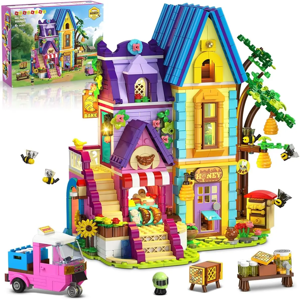 HOGOKIDS Beeping Bakery House Building Toy with LED Lights - 1084PCS Unisex Honey Workshop Pretend Play Building Set, Birthday Gift for Kids Ages 8-12+ Years