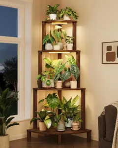 Bamworld Corner Plant Stand with Grow Lights 4-Tier Plant Stand Indoor Wood Plant Stand with Grow Light Tall Shelves Garden Decor for Living Room Balcony