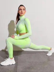 Women's Seamless Yoga Outfit Set, Zipper Long Sleeve Jacket & High Waist Leggings, Breathable Elastic Sportswear for Exercise & Leisure, Fitness Sportswear Set, Athletic Fashion Activewear, Athleisure Wear Set