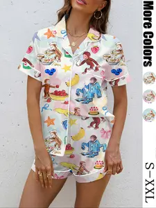 Women's Casual Cartoon Monkey Print Pajama Set, Loose-Fit Short Sleeve Button Front Top & Elastic Shorts, All Seasons Sleepwear