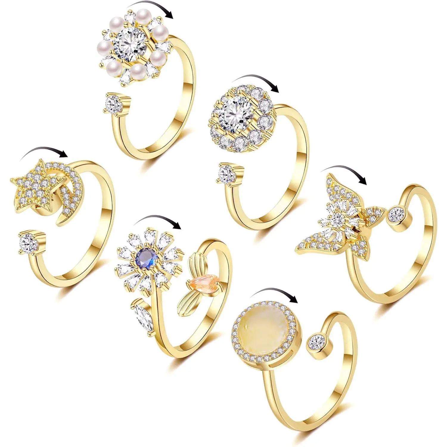 NBB10 6Pcs 14K Gold Plated Anxiety Rings for Women, Adjustable Spinner Anxiety Ring, CZ Butterfly Bee Moon Star Fidget Rings for Anxiety Stress Relief for Women
