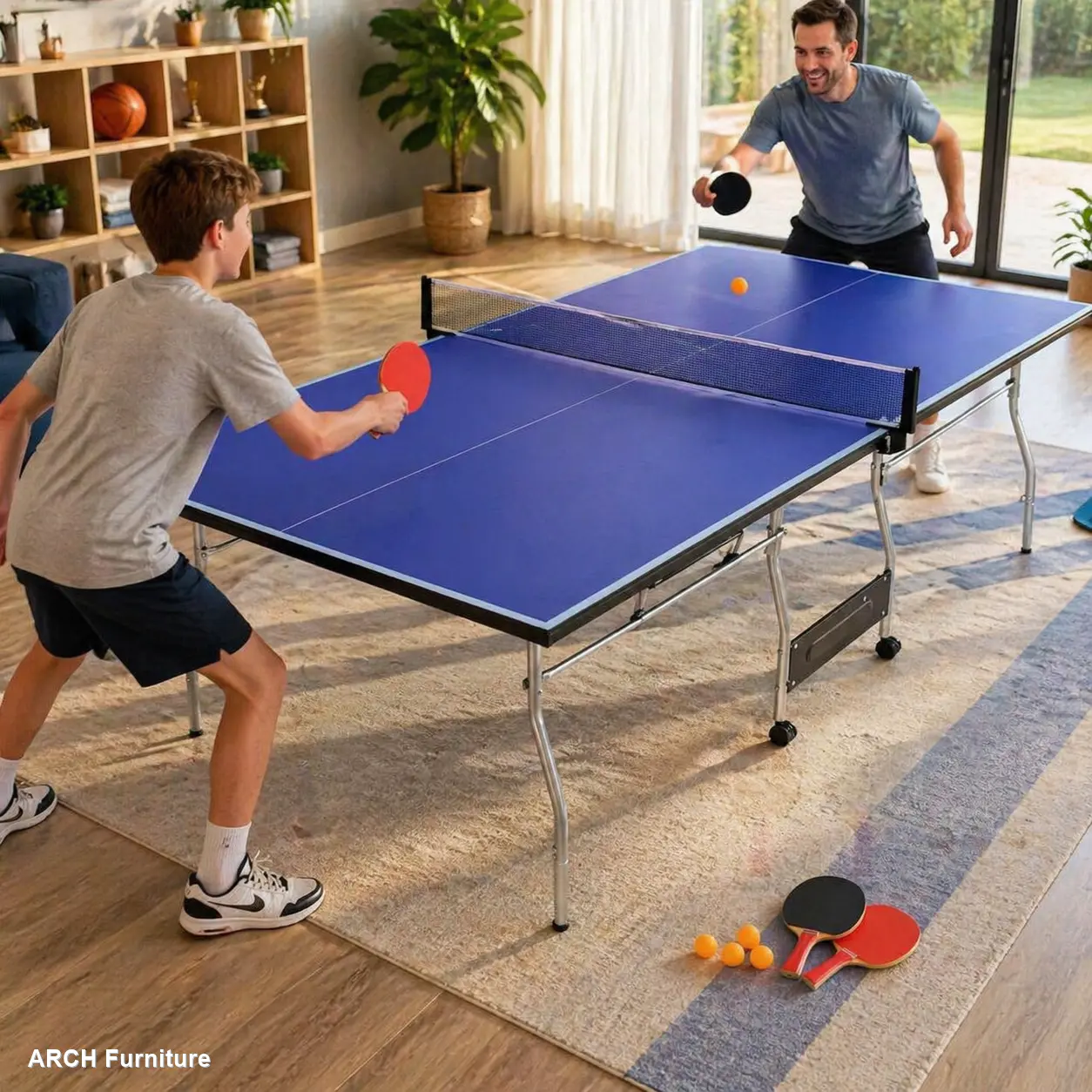 8*4.5ft Mid-Size Table Tennis Table Foldable & Portable Ping Pong Table Set for Indoor Games with Net, 2 Table Tennis Paddles and 3 Balls