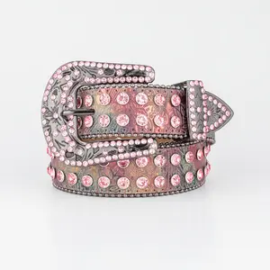 Rhinesne  UniGender Western Cowboy Street Fashion Synthetic Diamond Inlaid Avant-Garde Faux Leather  with Iridescent Paisley Design & Gunmetal Black Hardware for Rodeo & Festival Fashion coral belt
