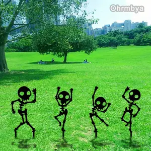 Dancing Skeleton Garden Stakes 4 Piece Set, Weatherproof Metal Yard Art, Halloween Decor in, Silver Color, Garden Accessories