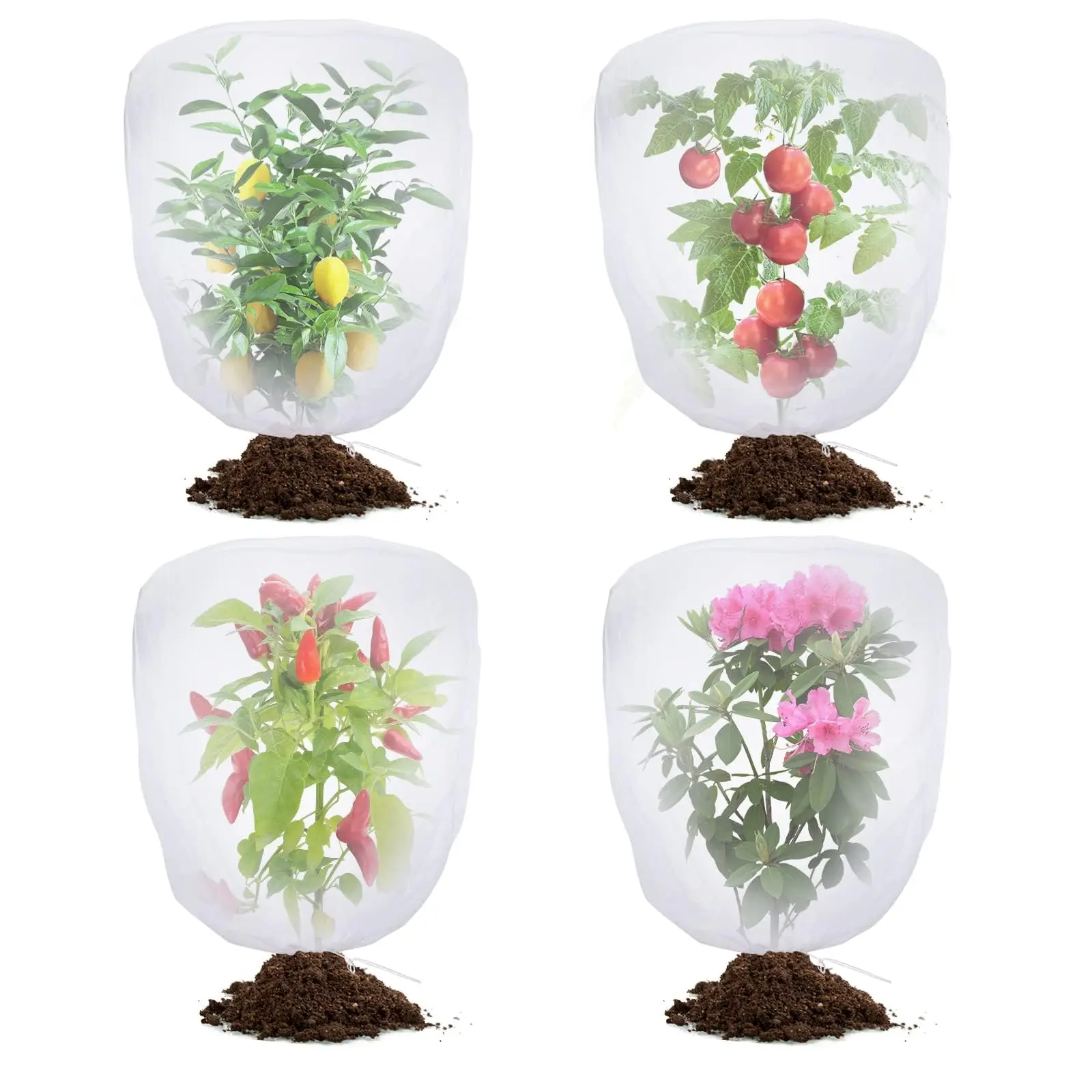 Garden Bird Net Protection — Set of 4 Drawstring Garden Protection Nets, Mosquito Net Tomato Protector Cover, Gardening Plant Protection Net suitable for cicadas, insects, vegetables, blueberries, and shrubs