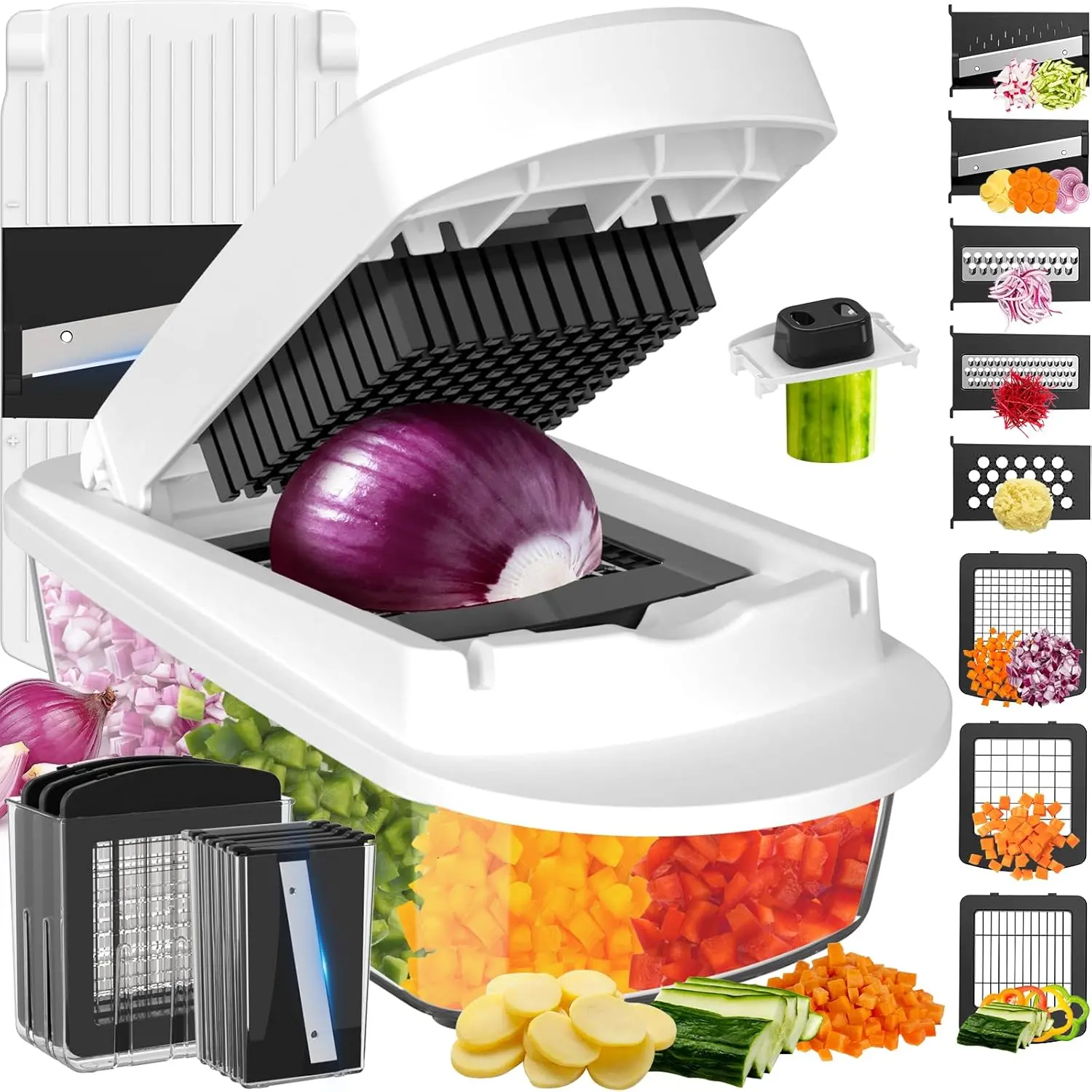 14-In-1 Vegetable Chopper with Container, Multifunctional Food Chopper, Onion Dicer, Mandoline Slicer, Vegetable Cutter, Potato Slicer, Fruit Chopper, Kitchen Prep Tool with Interchangeable Blades