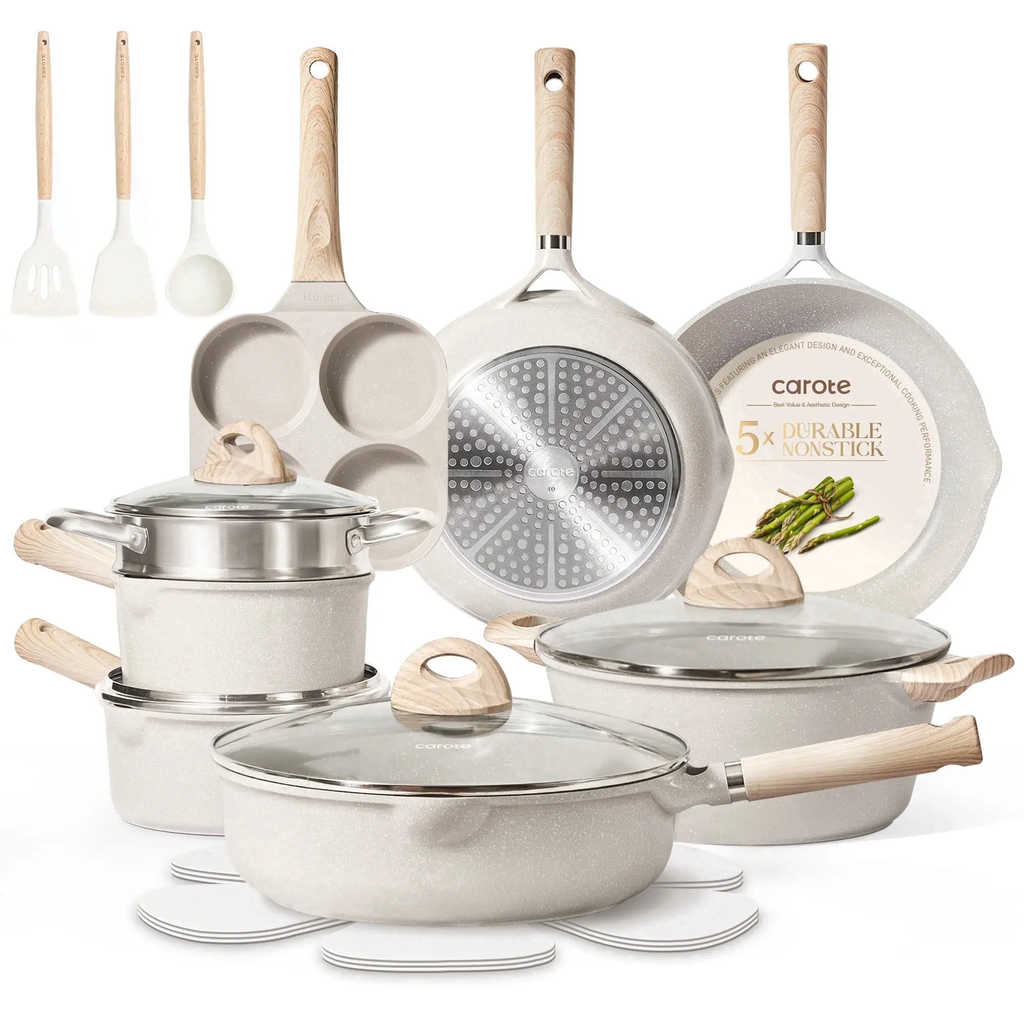 CAROTE 21-Piece Non-Stick Aluminium Cookware Set - Induction Ready, Frying Pans Included, Beige Kitchen Cooking Set