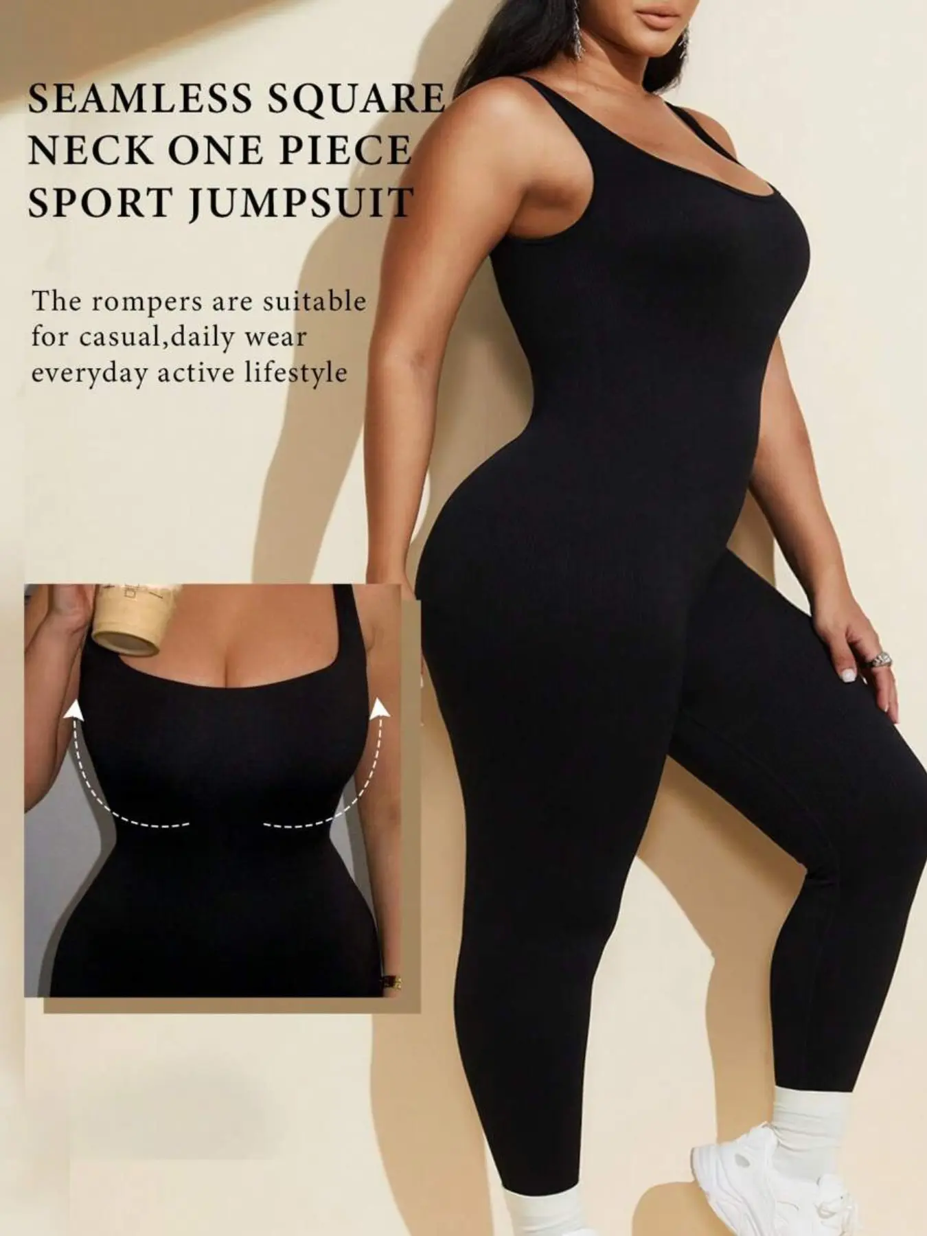 Spring PLUS SIZE Women Workout Seamless Jumpsuit, Yoga Workout Jumpsuits, Yoga Ribbed Bodycon, Detachable Padding, Square Neck, Slimming Waist, Sporty&Daily Wear, Seamless Fabric, Stretchable Activewear, Workout Apparel, Workout Fitness Jumpsuit