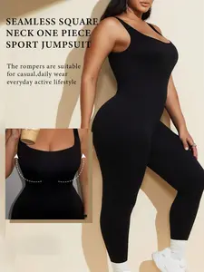 Spring PLUS SIZE Women Workout Seamless Jumpsuit, Sporty Comfy Jumpsuit, Yoga Ribbed Bodycon, Detachable Padding, Square Neck, Slimming Waist, Sporty&Daily Wear, Thick Seamless Fabric, Stretchable Activewear, Workout Apparel