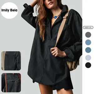 Imily Bela Women's Denim Pullover Casual Notch V Neck Blouse  Long Sleeve Jean Jacket with Pocket SpringStatements