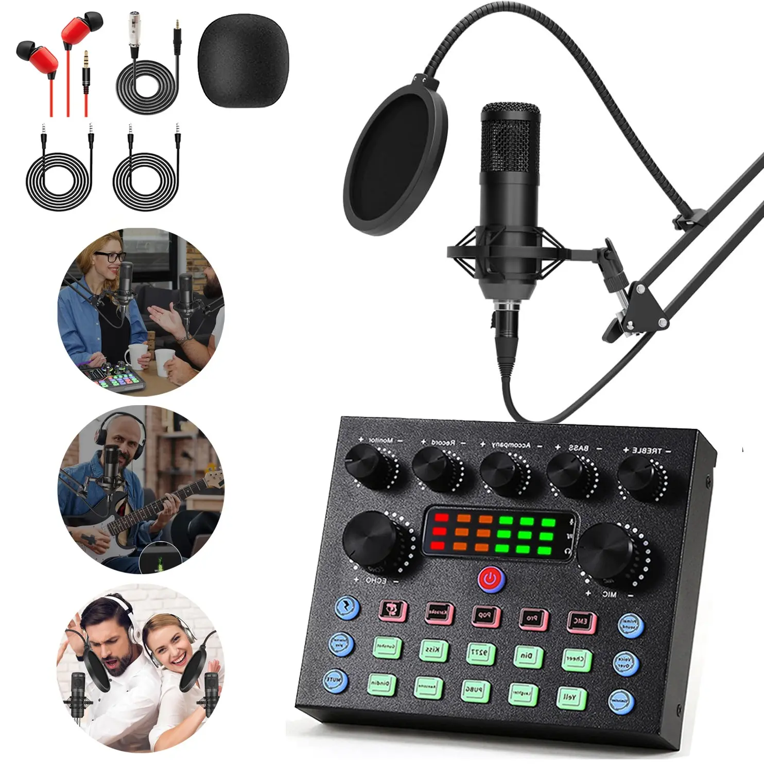 V8S external sound card set, Sound Card Package, Live Sound Cards, BM-800 podcast audio interface with 10 DSP sound effects and 4 voice converters, USB sound card with Bluetooth and noise reduction, suitable for PS4, karaoke, YouTube, live game recording