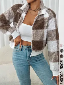 Women's Fall Winter Plaid Fleece Jacket Coat, Fitted Casual Long Sleeve Thick Fabric Outerwear, Ladies Fashionable Warm Clothing