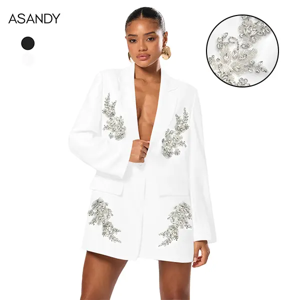 ASANDY Women's White Sequin Blazer Dress, Elegant Long Sleeve Oversized Cut for Formal Parties & Special Occasions,back to school,back to school shopping, Shiny, Elegant Longsleeves Dress