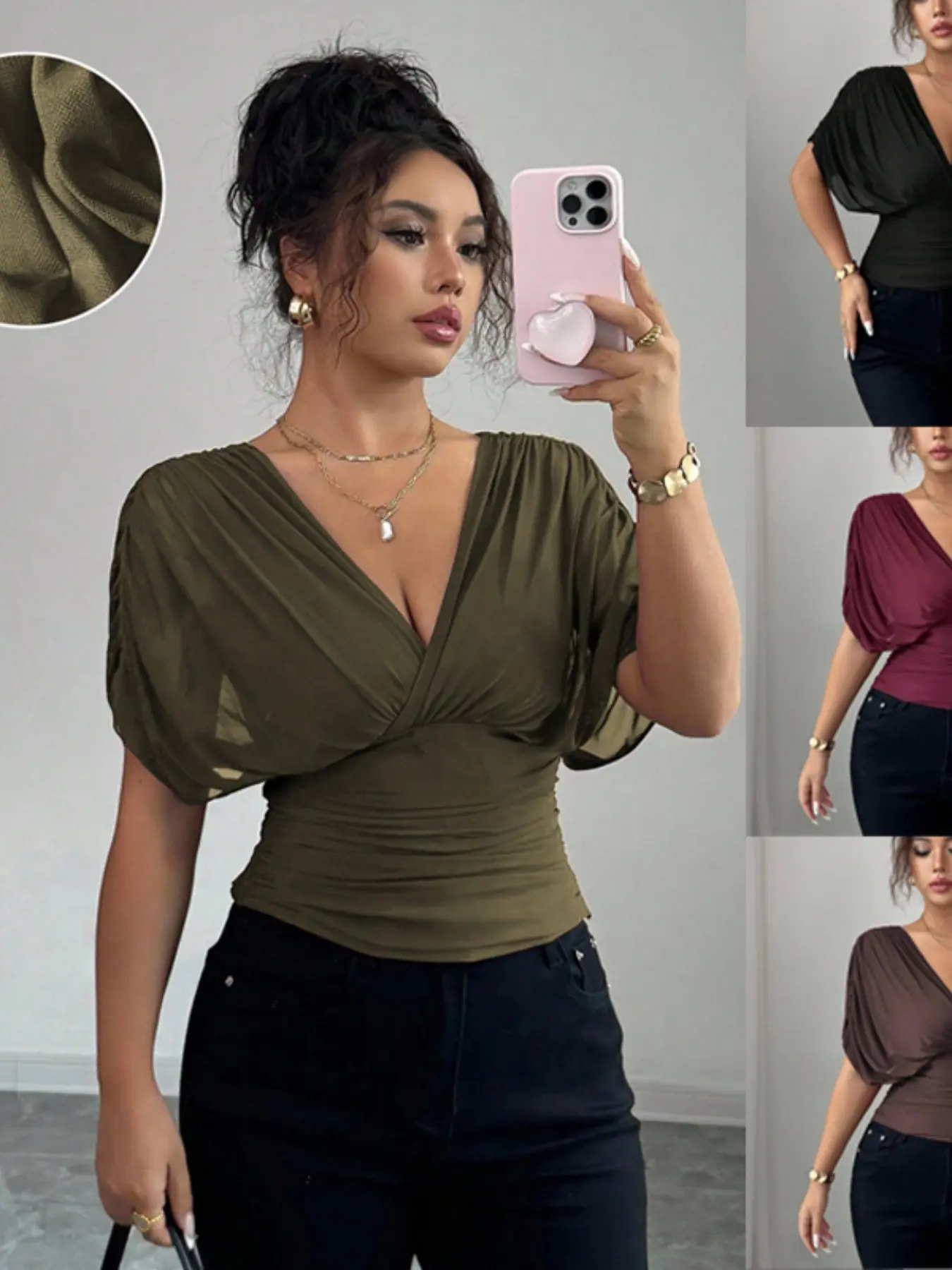 Fashion Summer V-Neck Backless Batwing Short Sleeve Solid Color Crop T-Shirt, Women's Stylish Aesthetic Top, Chic Design, Perfect for Casual Wear
