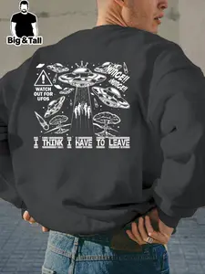 【Plus Size】 Men's UFO Print Round Neck Sweatshirt, Regular Fit Casual Long Sleeve Crew Neck Pullover for Fall & Winter, Men's Clothes for Daily Wear, Cartoon Print Sweatshirt