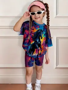 Girls' Colorful Horse Pattern Short Sleeve Set, Summer, Slim-Fitting Shorts, Cute All over Print, Casual Sportswear
