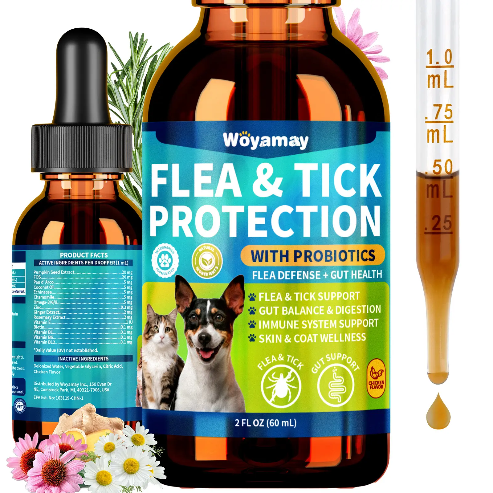 Woyamay Flea Defense + Probiotic Support Drops, Natural Flea and Tick Prevention for Dogs and Cats, Cat & Dog Flea Treatment & Probiotics Drop, Dual-Function Flea Prevention Drops, Chicken Flavor Summerwins DealsForYouDays