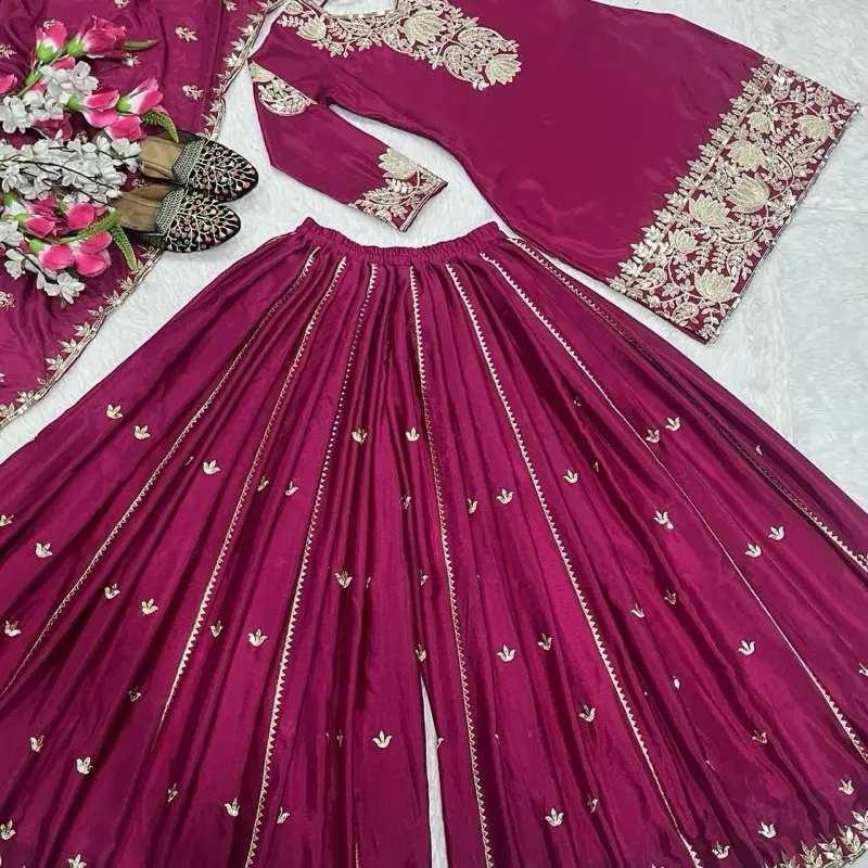 Women plazo chinnon silk set party wear wedding set Indian clothing Punjabi Pakistani suit