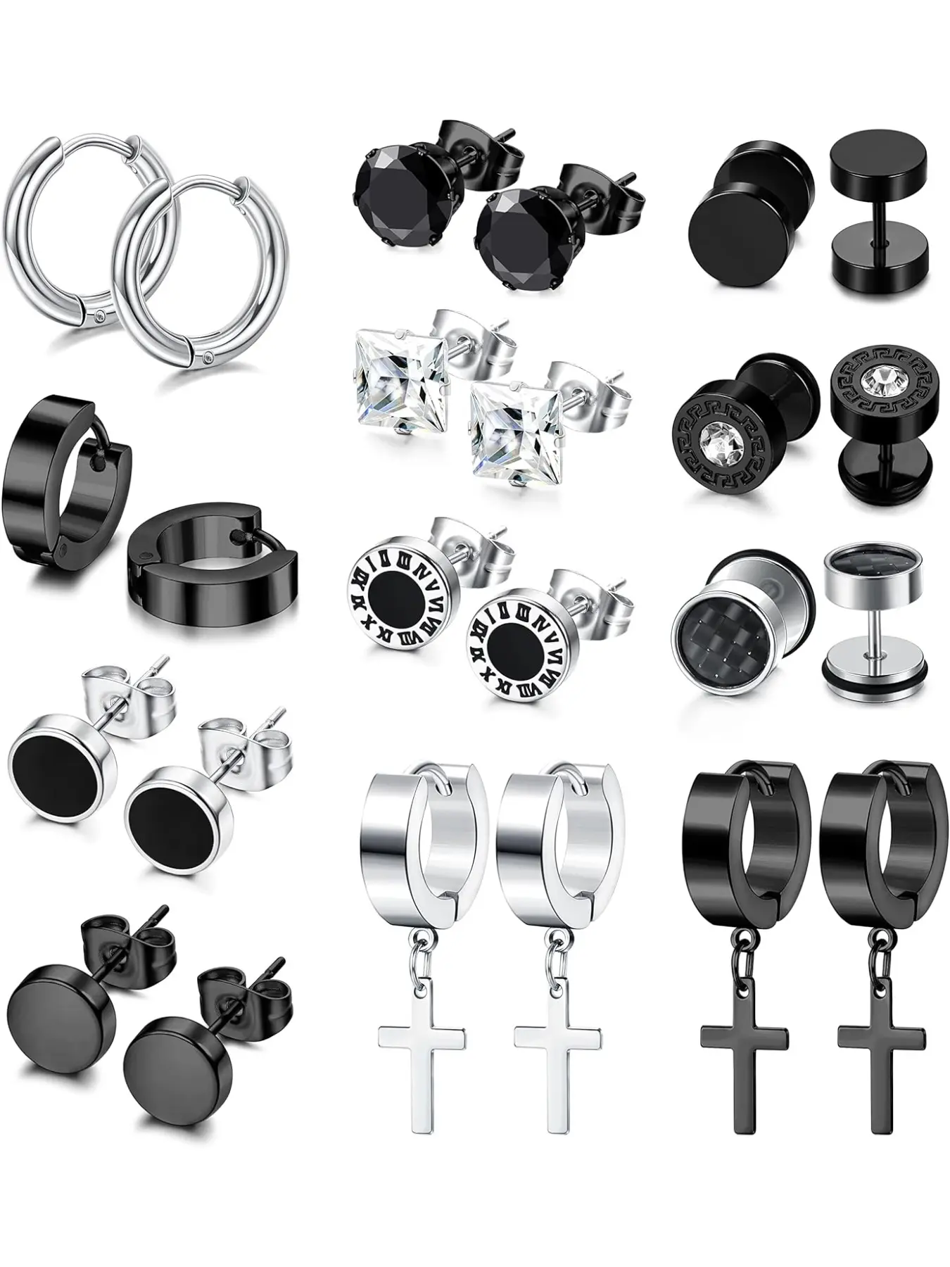12 Pairs Mens Earring Studs, 8MM Stainless Steel Screw Studs Cartilage Earrings Hoops Studded Cross Earrings Cool Stud Ear Tunnel Piercing for Men Boy Earring Stacking Set Earrings Jewelry