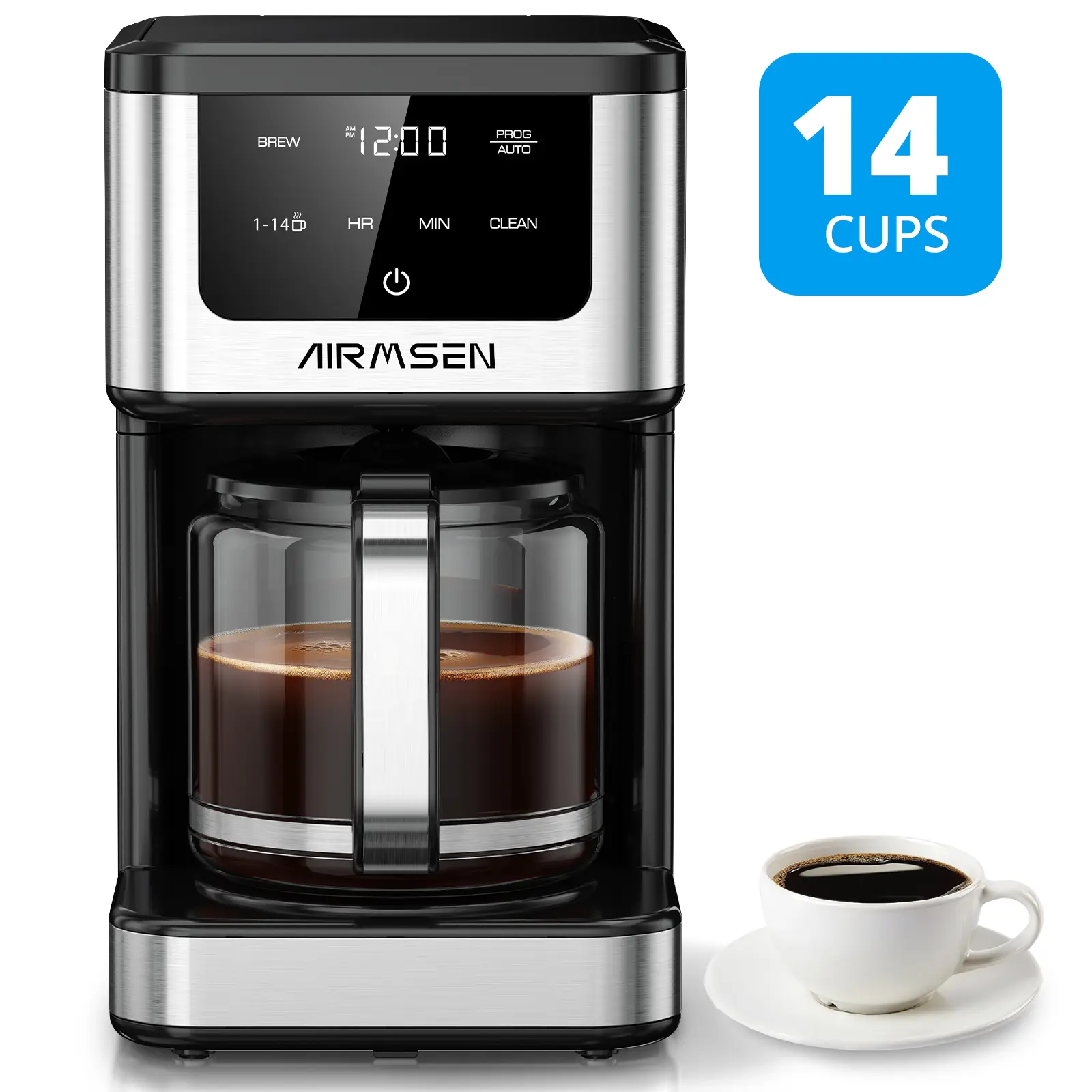 AIRMSEN 24-Hour Delay Brew Drip Coffee Maker 14 Cups Large Capacity for Whole Families Home Office Sleek Design Ground Coffee Machine