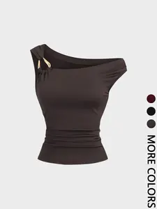 1 Piece Asymmetric Shoulder Ruched Crop Top | Euro-American Y2K Vibe | Cropped Design + Cold Shoulder Detail | Eye-Catching Pick for Weekend Shopping / Music Festivals