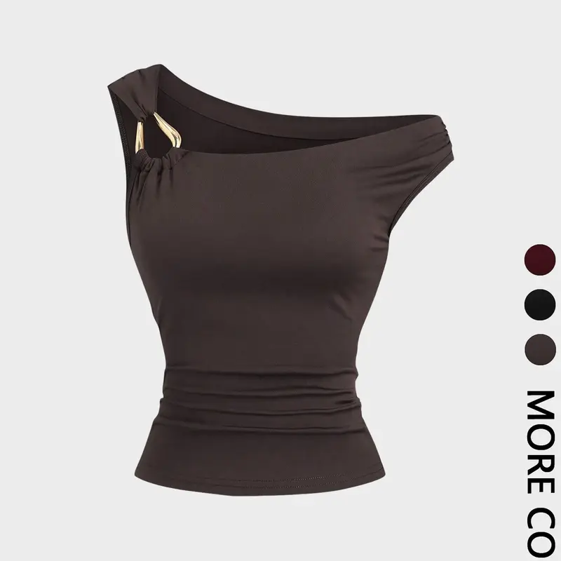 1 Piece Asymmetric Shoulder Ruched Crop Top, Fabric, Euro-American Y2K Vibe, Cropped Design, Flattering Fit, Eye-Catching Pick for Weekend Shopping, Music Festivals