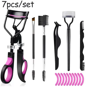 7-piece eyelash curler and eyebrow brush set, women's eyelash comb separator, two-color butterfly handle eyelash curler, with silicone pad, double headed folding eyebrow brush, multifunctional beauty tool, suitable for home and travel use