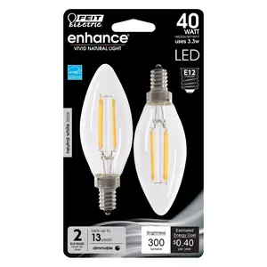 Feit Electric 40 Watt Replacement True White 3500K Clear B10 Dimmable LED Light Bulb 2 Pack