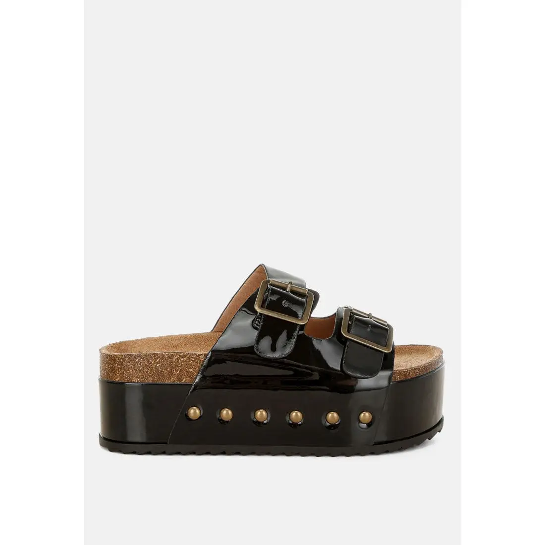 ROXY STUDDED PATENT FLATFORM SLIDES