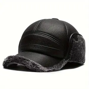 Faux Leather Duckbill Cap for Men, Black Street Style Winter Hat with Foldable Ear Flaps for Cold Weather, Black Cap