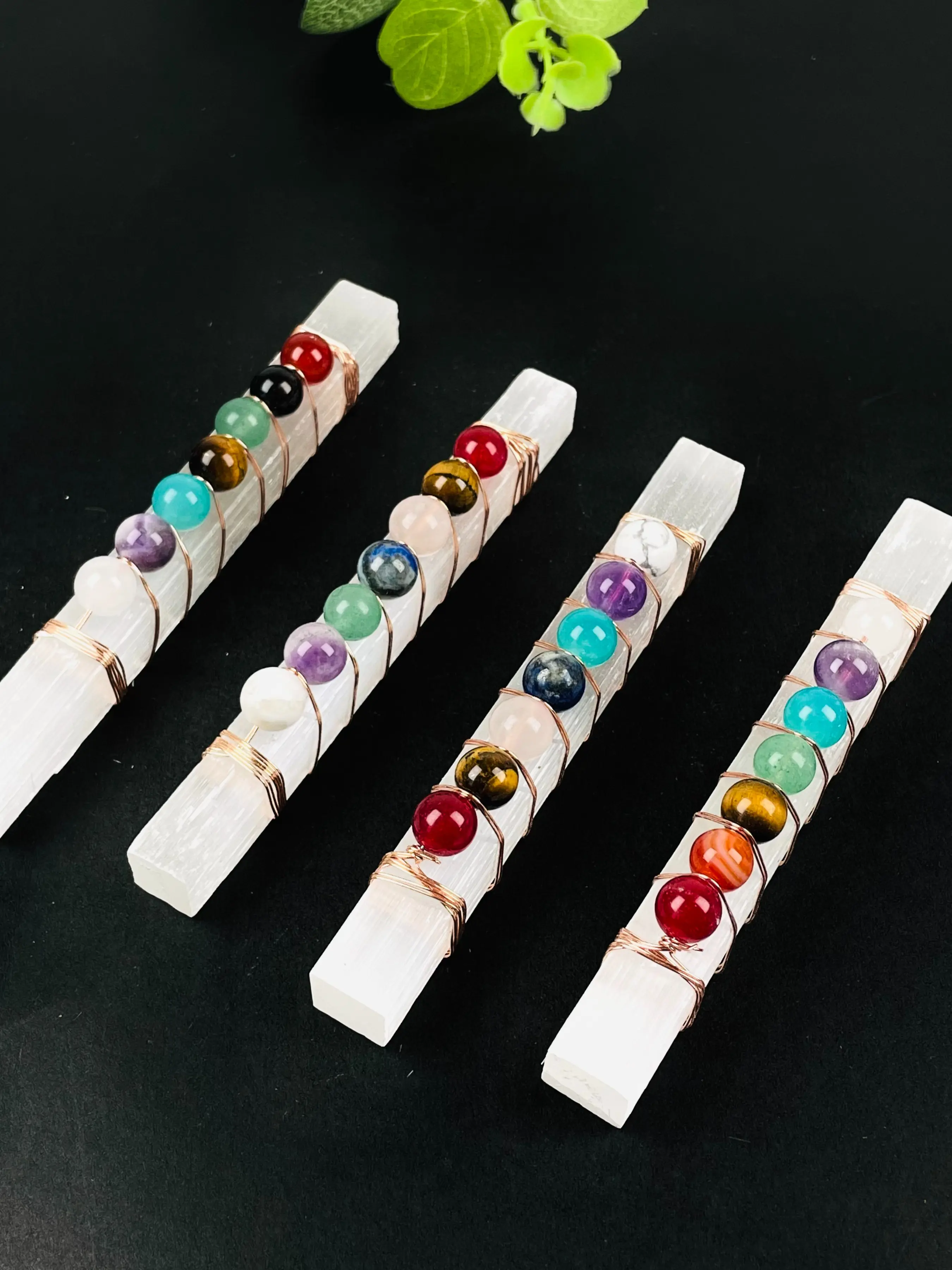 Natural Selenite Crystal Wand Set with Seven Chakra Balls, Handcrafted Gift for Valentine's Day & Christmas, Perfect Energy Healing Balancing Tool