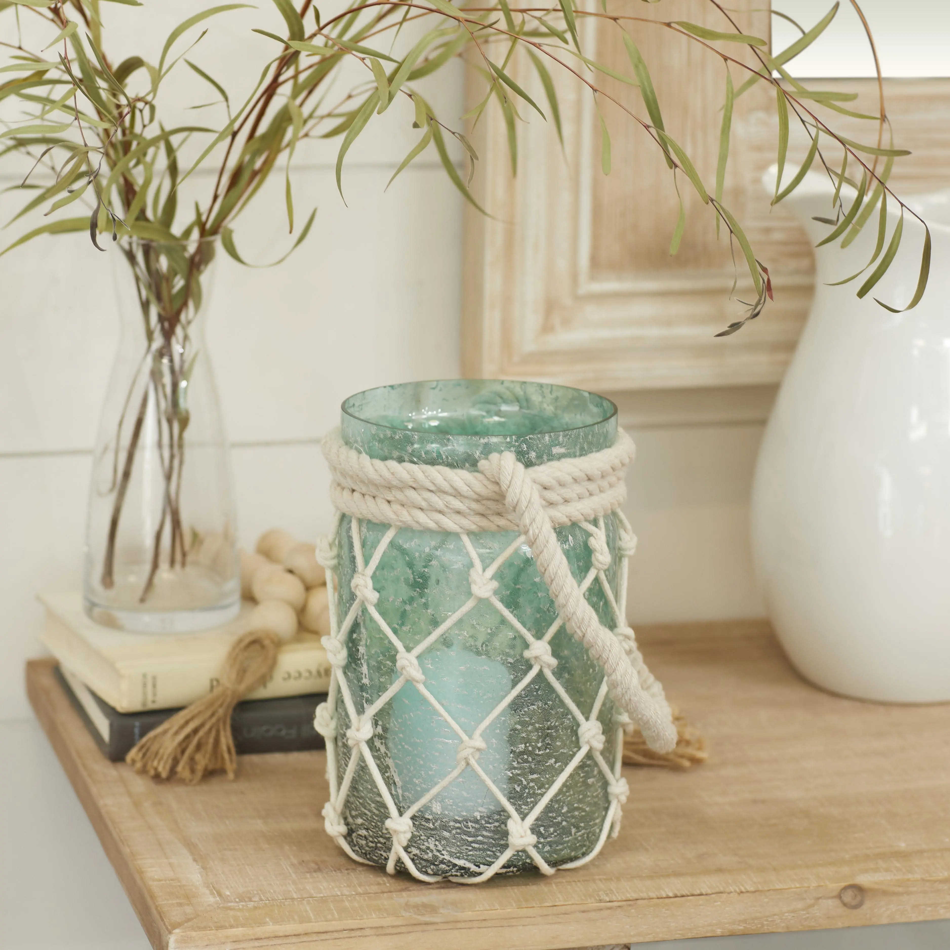Blue Glass Decorative Candle Lantern with Rope Handle for Indoor, Outdoor Home Decor