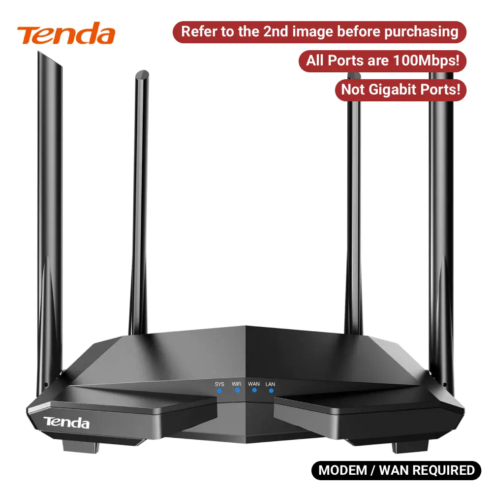 Tenda AC6 AC1200 100 Mbps Ethernet Ports x4 WiFi 5 Smart Dual-Band Router - 5 GHz, 5dBi Extended Antennas, Parental Ctrl, Smart App Control, Guest Mode, Access Point Mode, IPv6, Multi-Channel, for Home Users