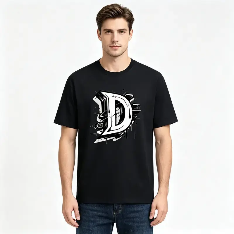 180G Pure Cotton Single-Sided Printed Round Neck Short Sleeve T-Shirt, Men's Sports T-Shirt - Breathable, Lightweight, Black with Floral Large Letter "D" Print, Comfortable Style, Suitable for Large Sizes, Men's Casual Summer T-Shirt Classic Menswear