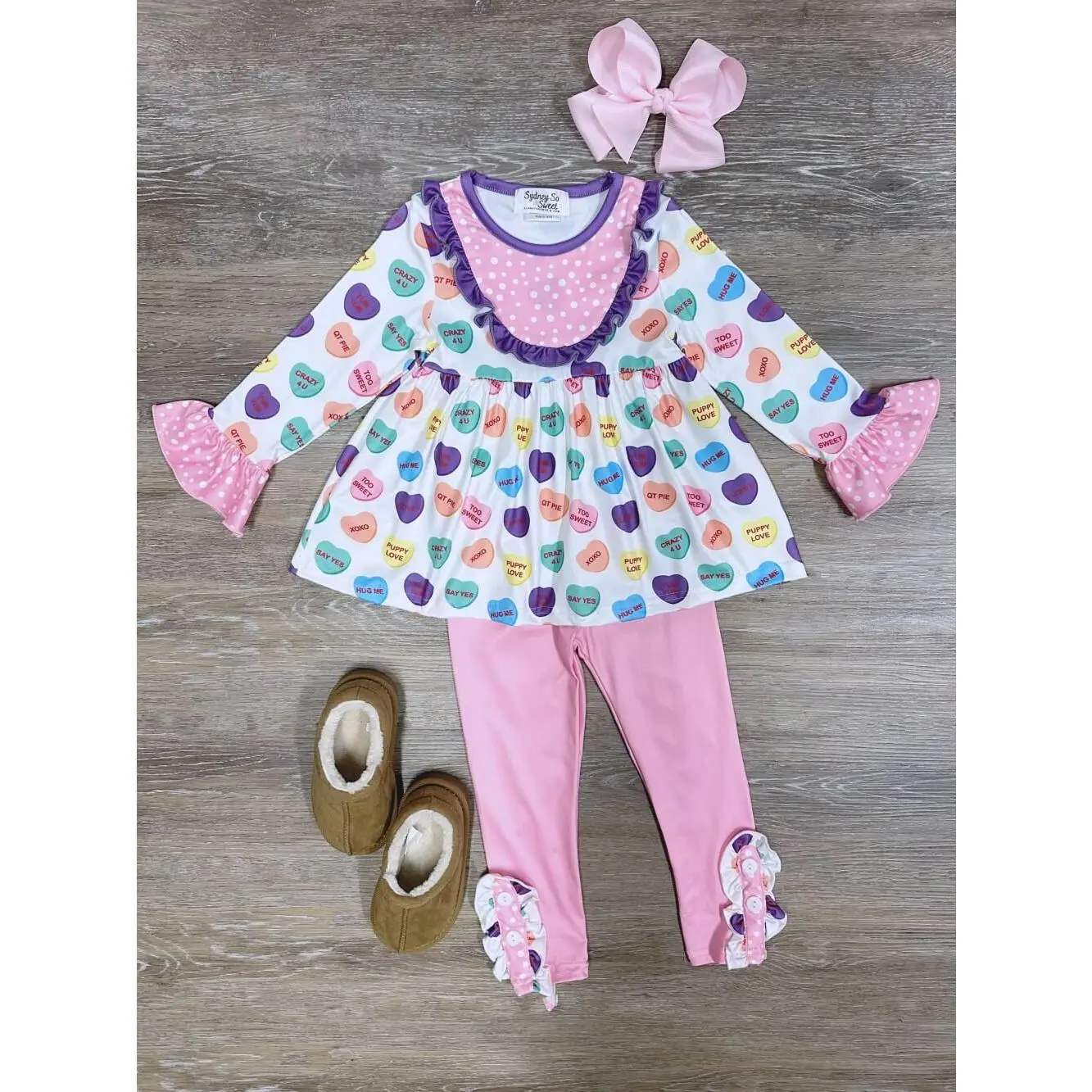 Candy Heart Ruffle Pink Girls or Toddler Size Ruffle Heart Tunic with Pink Leggings 2 Piece Valentine's Day Outfit