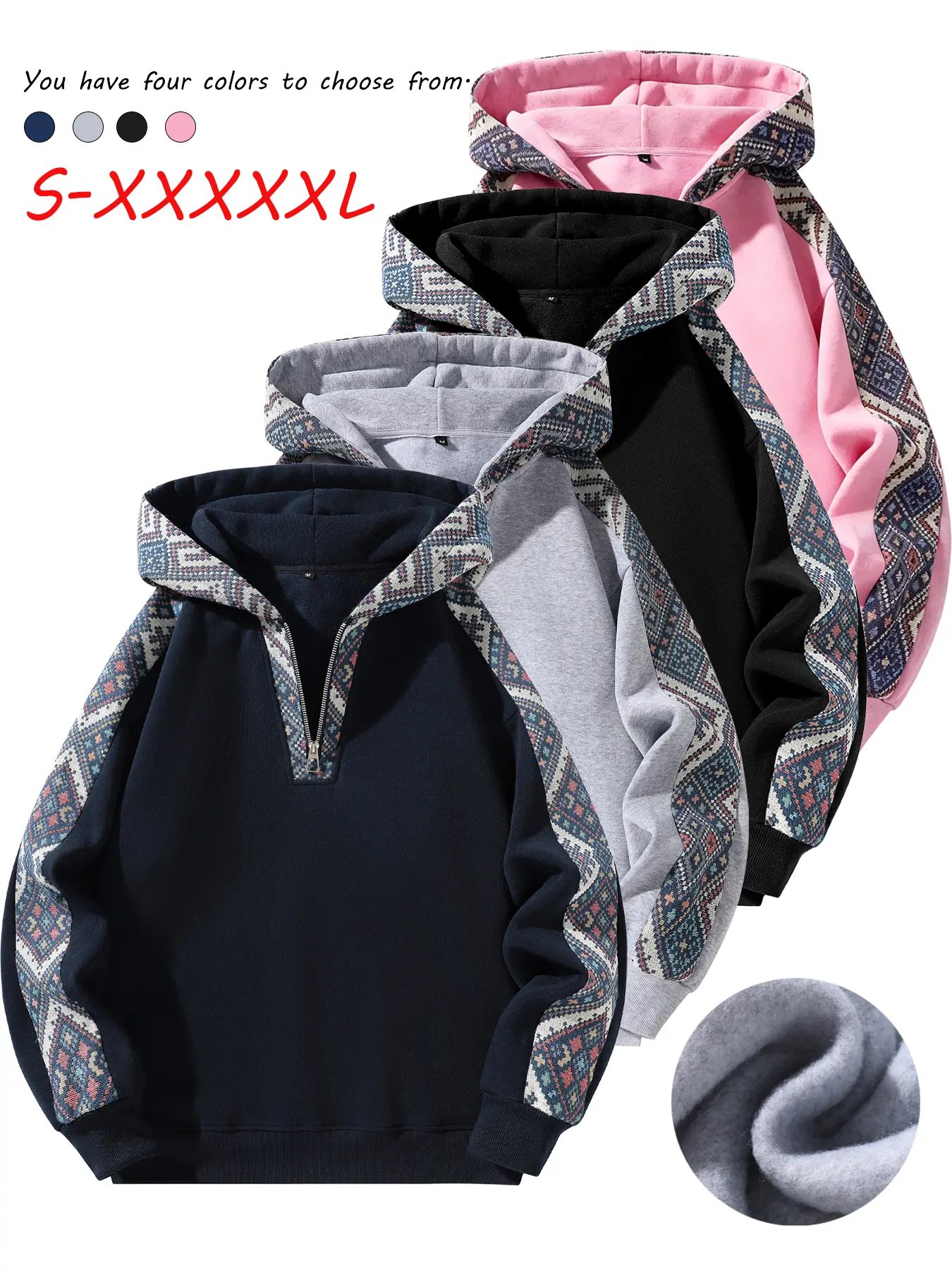 Unisex Fleece Hoodie, Retro Half-Zip Pullover Sweatshirt with Tribal Geometric Patchwork and Long Sleeves, Tops, Longsleeves, Menswear, Casual, Athletic quarter