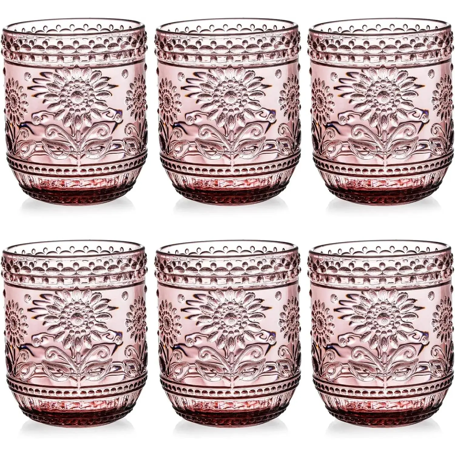 6 Pack 12 Oz Drinking Glasses, Vintage Water Glasses Purple Colored Glassware Heavy Duty, Decorative Floral Embossed Beverages Tumblers for Whiskey, Beer, Juice, Wine