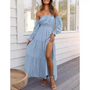 Women’s 2025 bohemian sexy off-shoulder long-sleeve smoked high-waist side-blooming A-line layered long maxi casual summer dress; graduation sundress; birthday dress; women’s formal pool party dress; knitted brunch autumn bareback dress