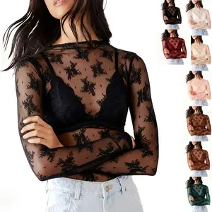 Buenoble Womens Mesh Long Sleeve Tops Crew Neck Sexy See Through Lace Sheer Floral Blouse for Party Club Night Out SpringStatements
