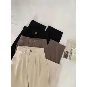 3pcs Women's Elegant Straight-Leg Button-Up Trousers - Office & Casual Pants in Black, Beige, Brown | Polyester-Spandex Blend, Machine Washable, Non-Stretch, All-Season Versatile Wear, Professional Attire | Easycare Clothing