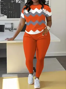 Women's Striped Patchwork Casual Two-Piece Set, Stretchy Outfit Sets, Matching Outfits, Spring & Fall Fitted Round Neck Short Sleeve Top and Long Pants, Womenswear