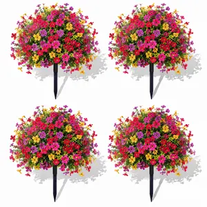4pack UV Resistant & Waterproof Artificial Flower Topiary Ball with Stakes. Realistic Faux Flowers for Outdoor Garden Planter Porch & Patio Decor. Zero Maintenance Fade Resistant summer Makeover Fake Plants for Homes
