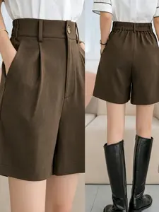 Elegant High-Waisted Short Pants for Women, Solid Color Slant Pocket Design, Stylish and Comfortable Bottoms for Daily Wear, Casual Shorts