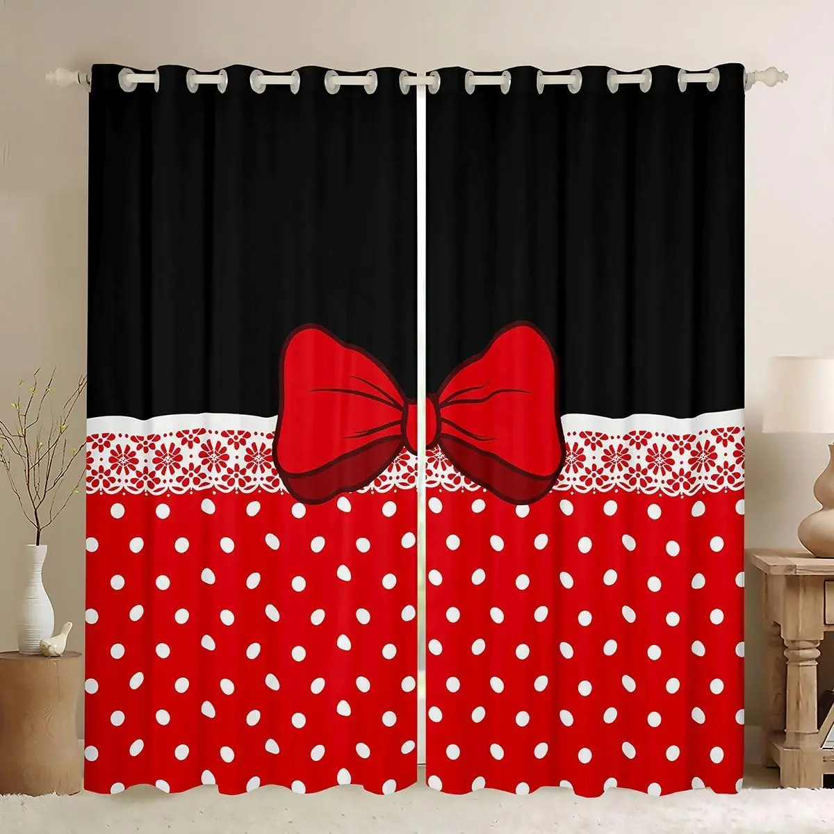 Polka Dots Red Bow Curtains for Bedroom Living Room White Damask Blackout Shades Cute Bow Room Darkening Curtain Kawaii Window Treatments,2 Panels Decor