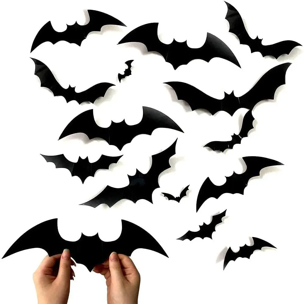 Spooky 140-Piece 3D PVC Bat Decorative Stickers Set - Self-Adhesive Multi-Size Wall Decals with 4 Versatile Sizes for Extensive Decoration, Home Window Room, Halloween Party Supplies