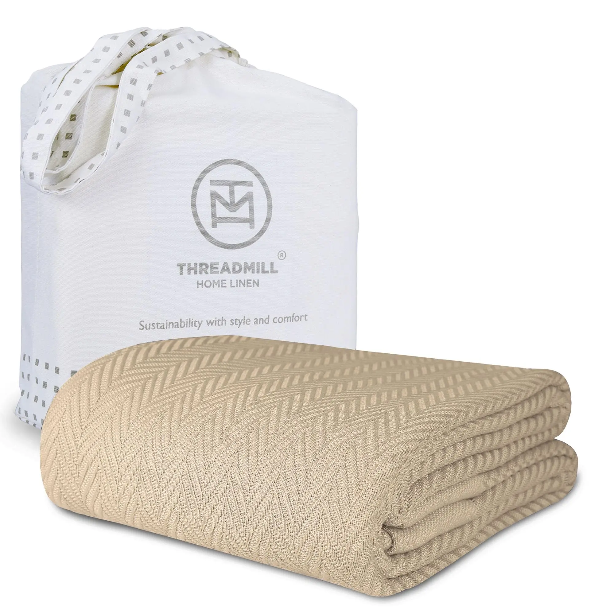 Threadmill Home Linen 100% Cotton Herringbone All Seasons Blanket - Soft Throws, Comfy Bed Covering, Machine Wash Thermal Fall Bedding Accessory, Soft Throws Blanket
