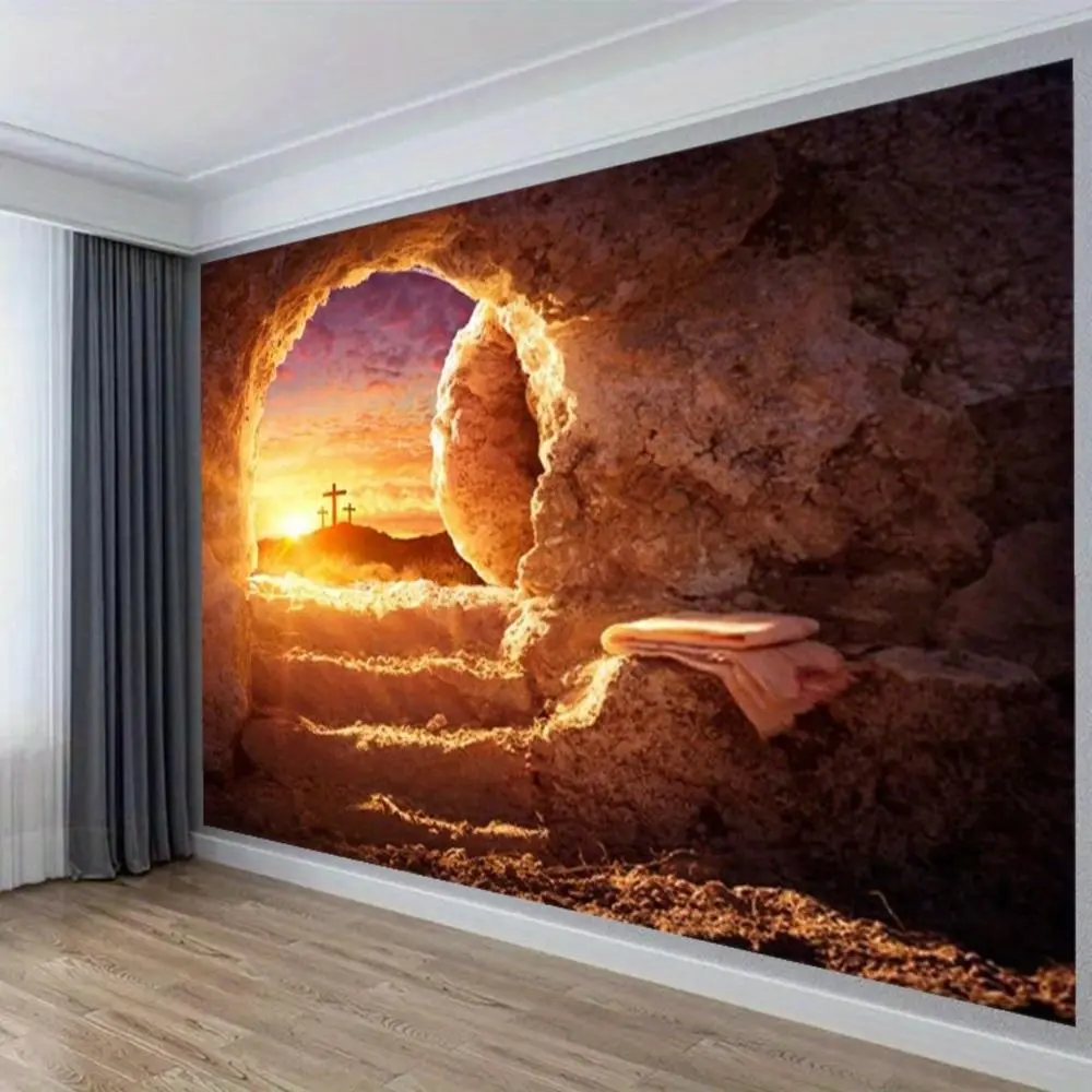 1PC Printed Polyester 2D Flat Easter Jesus Empty Tomb Tapestry, Christian Cross Sunrise Wall Hanging, Reusable Decor Cloth for Bedroom, Photo Booth Backdrop