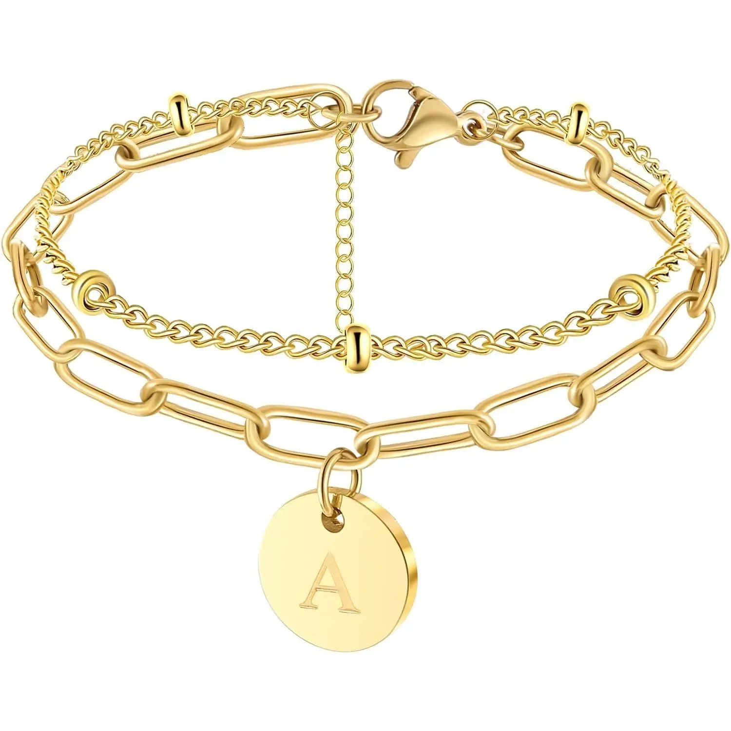CASSIECA Plated Bracelet with Charms - Stainless Steel Adjustable Initial Letter Bracelet for Women, Chic Personalized Jewelry Accessory with Gift Box, Initial Letter Bracelets